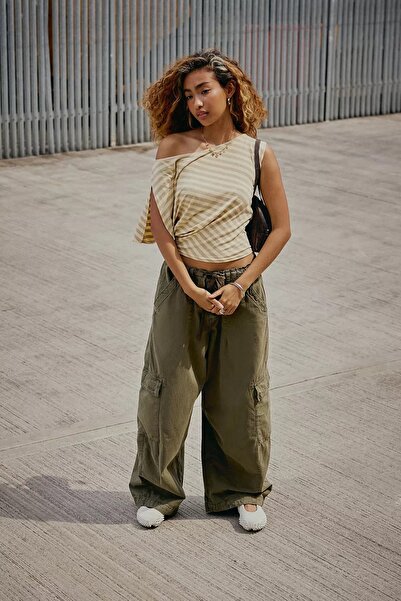 september island Jenna Khaki Wide Leg Adjustable Waist Cargo Pants