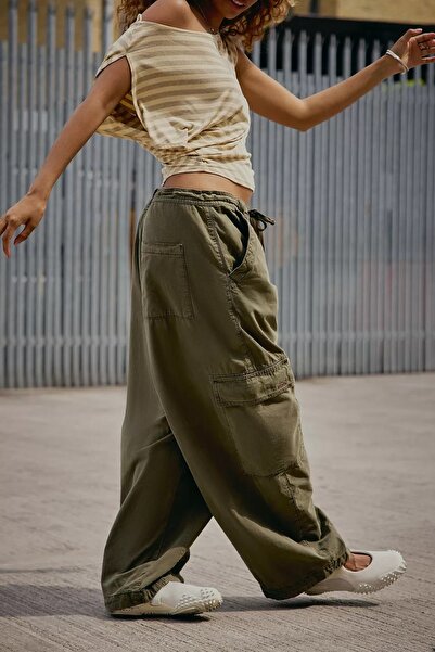 september island Jenna Khaki Wide Leg Adjustable Waist Cargo Pants