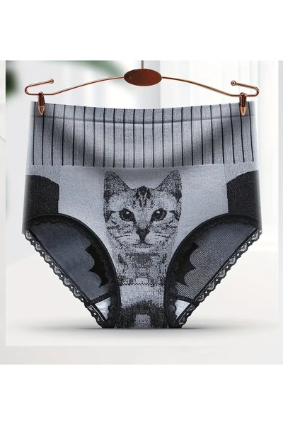 BBS Chiloți pentru femei talie înaltă fără cusături – pisică cu imprimeu Lenjerie confortabilă