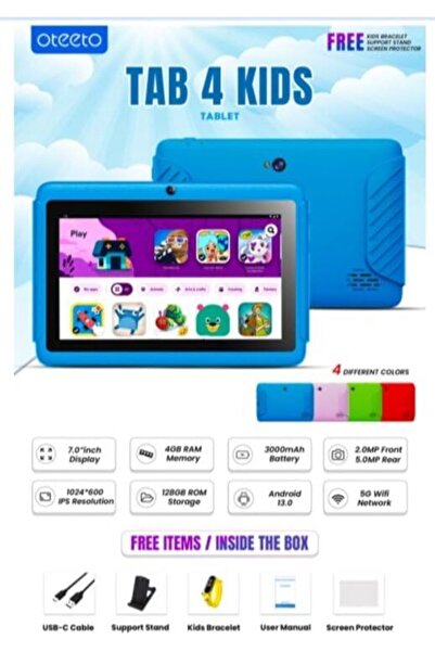 OTEETO Tab 4 Kids Tablet 7" HD, 4GB RAM / 128GB, Android 13, Dual Camera, 3000mAh (Blue)