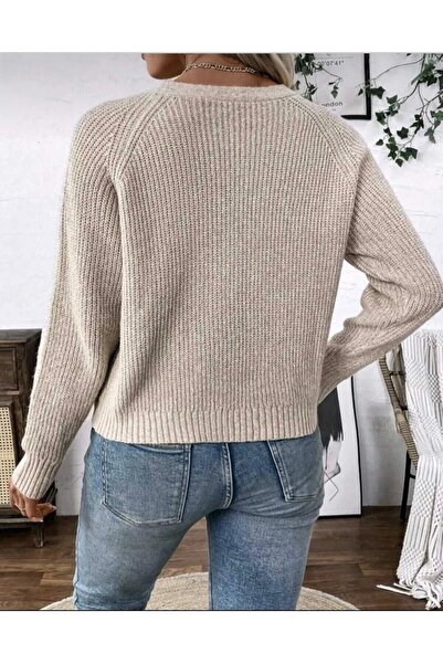 GNY TEXTİLE V-Neck Woven Detailed Long Sleeve Buttoned Model Knitwear Cardigan
