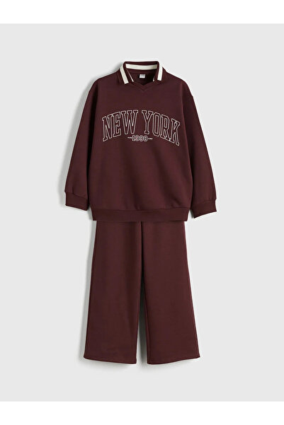 LC Waikiki Kids Burgundy Polo Neck 3 Thread New York B Printed Girls Sweatshirt and Sweatpants Set