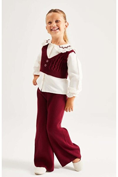Pinkitokids Collar Embroidered Shirt and Knitwear 3-Piece Girl's Set-Burgundy