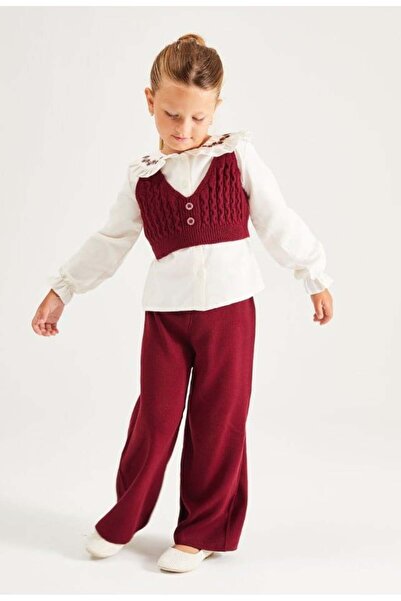 Pinkitokids Collar Embroidered Shirt and Knitwear 3-Piece Girl's Set-Burgundy