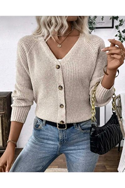 GNY TEXTİLE V-Neck Woven Detailed Long Sleeve Buttoned Model Knitwear Cardigan