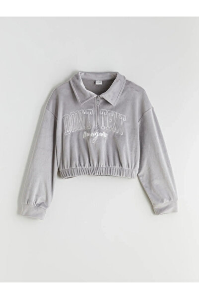 LC Waikiki Kids Gray Velvet Fabric Polo Neck Girls Sweatshirt and Leggings 2-Piece Set