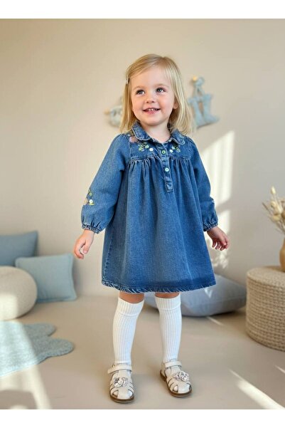 Pinkitokids Rochie din denim cu textura moale, cu detaliu de broderie florală
