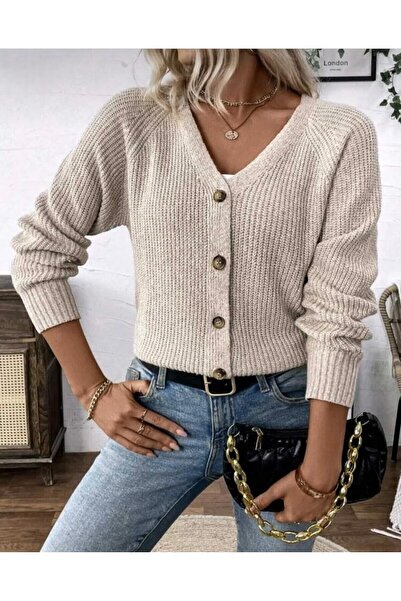 GNY TEXTİLE V-Neck Woven Detailed Long Sleeve Buttoned Model Knitwear Cardigan