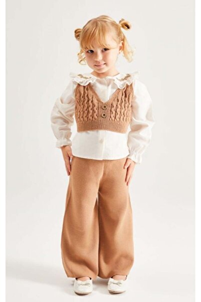 Pinkitokids Collar Embroidered Shirt and Knitwear 3-Piece Girl's Set-Brown