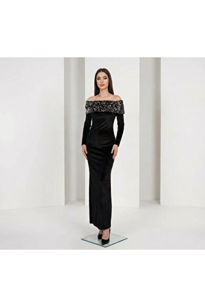 Lovely butik Velvet Off-Shoulder Sequin Embroidered Long Evening Dress New Year's Party Dress