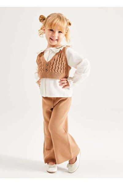 Pinkitokids Collar Embroidered Shirt and Knitwear 3-Piece Girl's Set-Brown