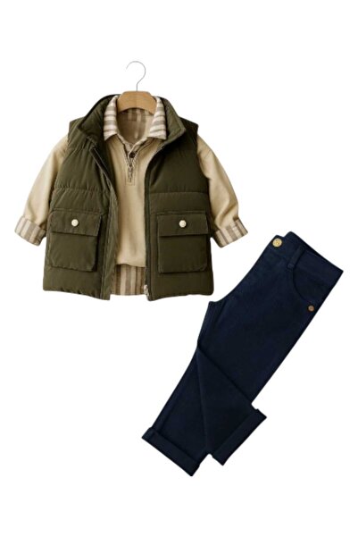 KATIA 3-6 Yaş Erkek Çocuk Kışlık Takım | Kapitoneli Yelek + Pamuklu Sweatshirt + Kadife Pantolon