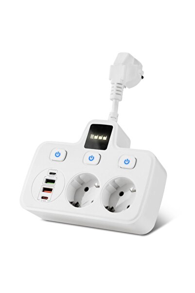 Yellowtech PD20W Type-C + QC3.0 USB’li 3’lü Çoklu Priz – Bağımsız Aç/Kapa Tuşlu, LED Ekranlı