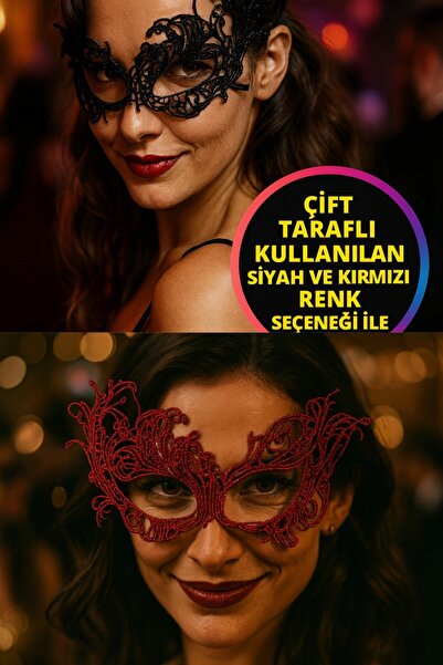 TOYFEST Çift Taraflı Dantel Maskeli Siyah Kırmızı Renk Seçenekli Şık Masquera...