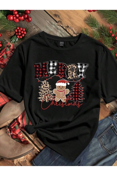 OVER HEAD Women's Cookie Merry Christmas Oversized , Crew Neck, Short Sleeve T-Shirt