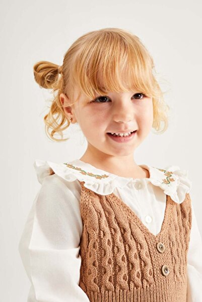 Pinkitokids Collar Embroidered Shirt and Knitwear 3-Piece Girl's Set-Brown