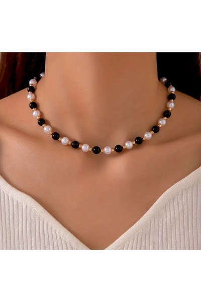 by Natalie Black Pearl White Pearl and Gold Color Pearl Bead Necklace Choker