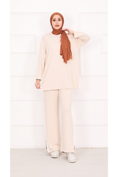 Esre Store 21187 - Set dublu cu detalii cu dungi din material textil, bej