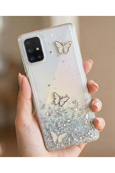 Rivor Samsung Galaxy A71 Uyumlu Kılıf Kamera Çıkıntılı Simli Kelebek Kabartma...