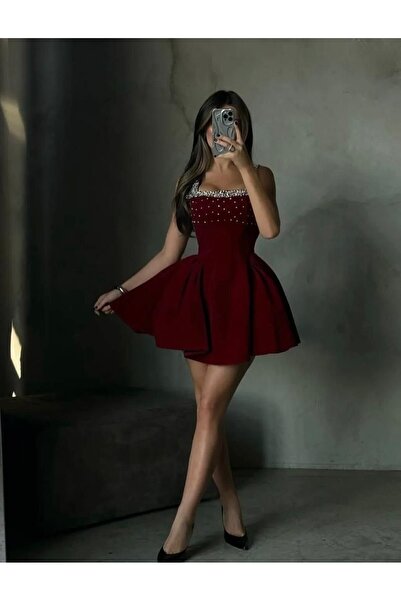 berlanty Luxurious short burgundy evening dress with crystal embellishments