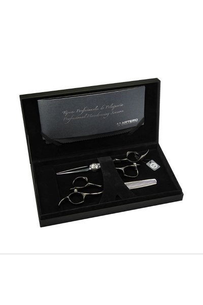 Artero Set, Set în cutie, Foarfece de frizerie vintage de 5,5" + Lame de friz...