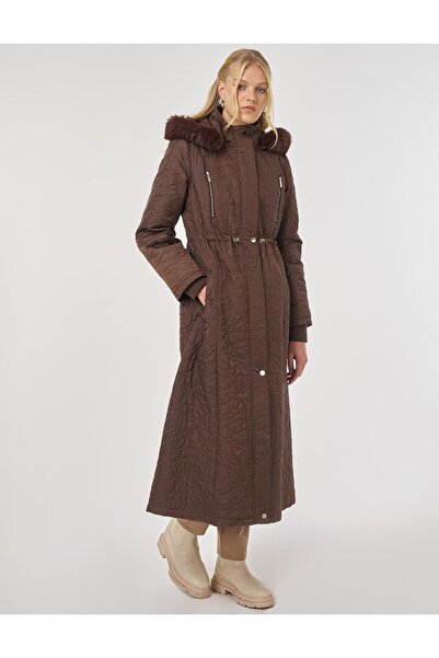 Kayra Fur Detailed Quilted Coat Dark Brown