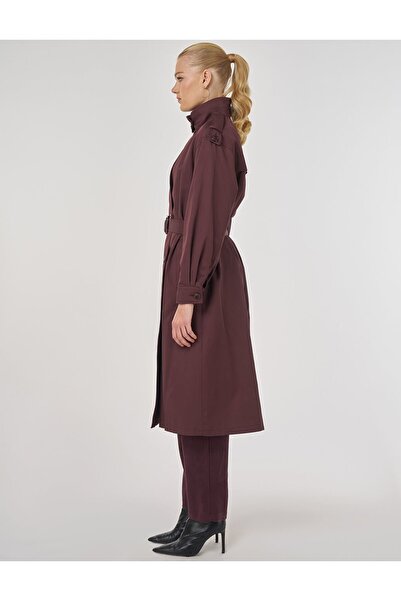 Kayra Epaulet Detailed Belted Trench Coat Dark Burgundy