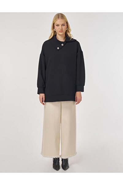 Kayra Button Detailed Viscose Sweatshirt Black