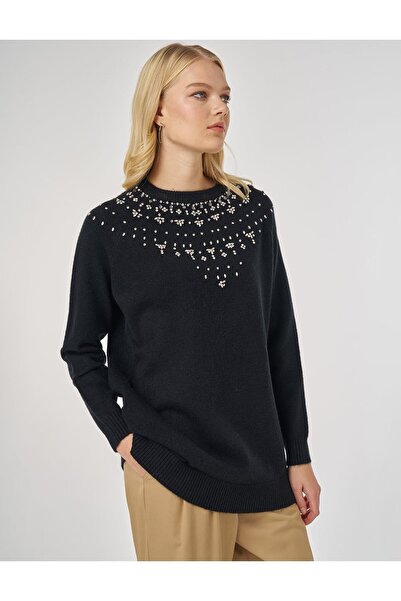 Kayra Stone Embroidered Knitwear Tunic Black