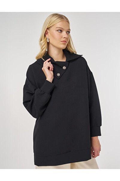 Kayra Button Detailed Viscose Sweatshirt Black