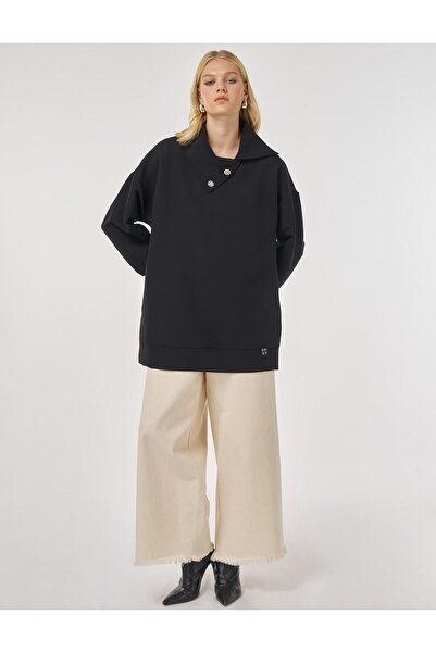 Kayra Button Detailed Viscose Sweatshirt Black