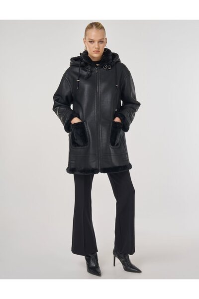Kayra Faux Leather Coat with Belt Loop Black