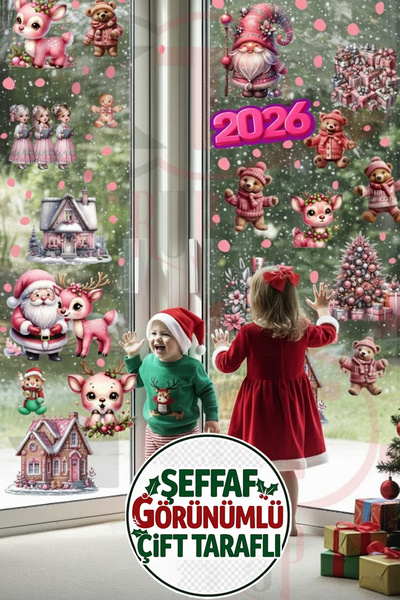 Kt Grup Çift Taraflı Pembe Geyik, Ayıcık ve Gnome Sticker Seti - Yılbaşı Kapı...