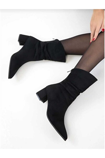 Ymn ayakkabı Kadın Siyah Sivri Burun Bot Süet Arkadan Fermuarlı