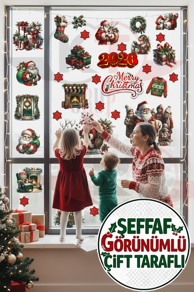 Kt Grup Şeffaf Çift Taraflı Noel Baba ve Şömine Sticker Seti - 2026 Merry Chr...