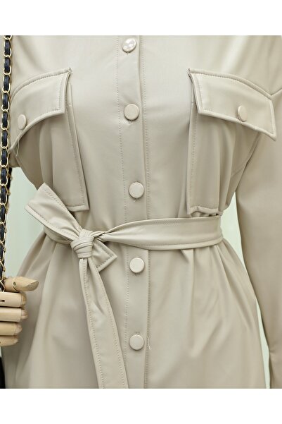 Modamorfo Waist-tied double pocket leather shirt - cream