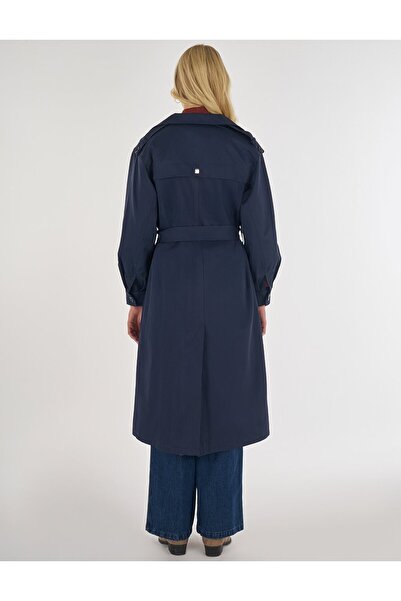 Kayra Epaulette Detailed Belted Trench Coat Dark Navy Blue