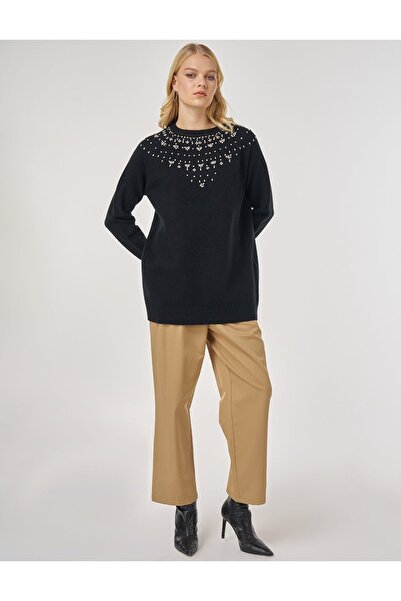 Kayra Stone Embroidered Knitwear Tunic Black