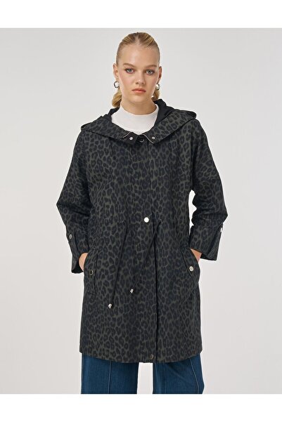 Kayra Leopard Print Short Trench Coat Forest Green