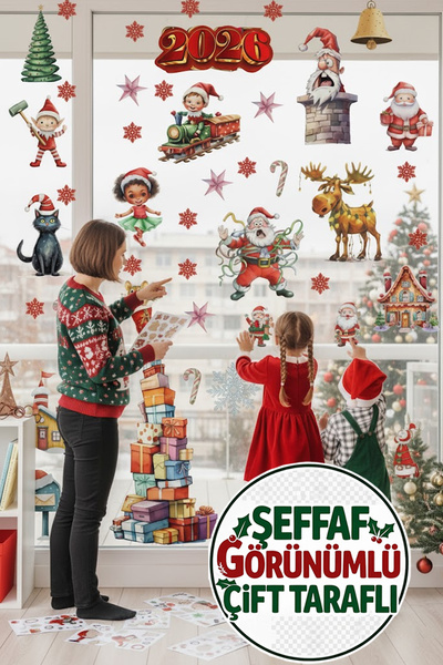 Kt Grup Şeffaf Çift Taraflı 2026 Yılbaşı Figürleri Noel Baba, Tren, Geyik ve ...