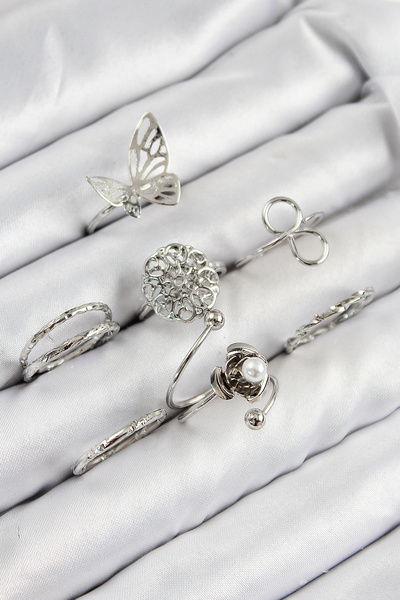 HarmonyAura Brass Rose Butterfly Model Silver Color Women's Ring Combination Set