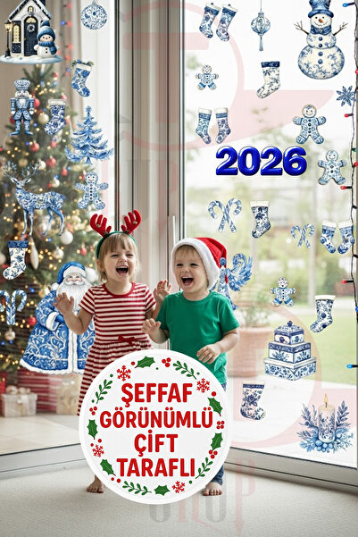 Kt Grup Şeffaf Çift Taraflı Çini Desenli Mavi Noel Baba ve Yeni Yıl Figürleri...