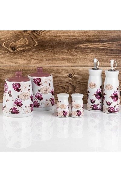 AVA Set of 6 ceramic kitchen containers with white and purple floral motifs