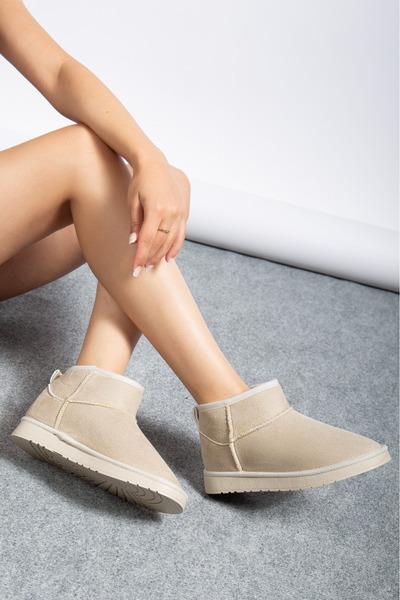 Ymn ayakkabı Kadın Bej Bot Alçak Taban Peluş Bot