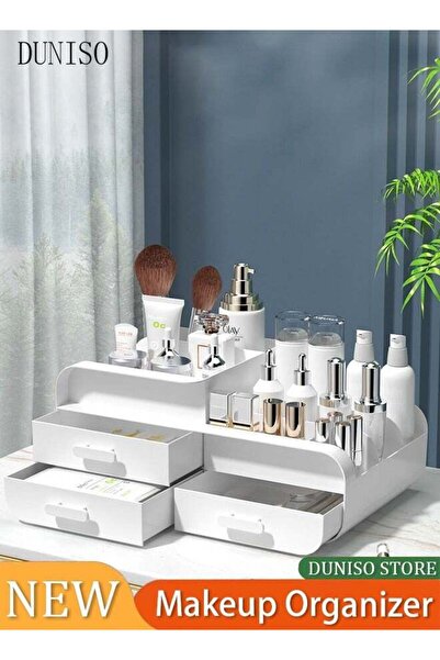 DOMEET منظم المكياج، صندوق تخزين منظم مستحضرات التجميل مع درج، حقيبة أنيقة للحمام وغرفة النوم