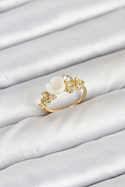 HarmonyAura Brass Gold Color Flower Model Zircon Stone Women's Ring