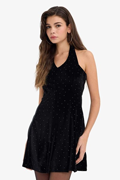 DeFacto Halter Neck Rhinestone Velvet Mini Dress G5952Ax25Wn
