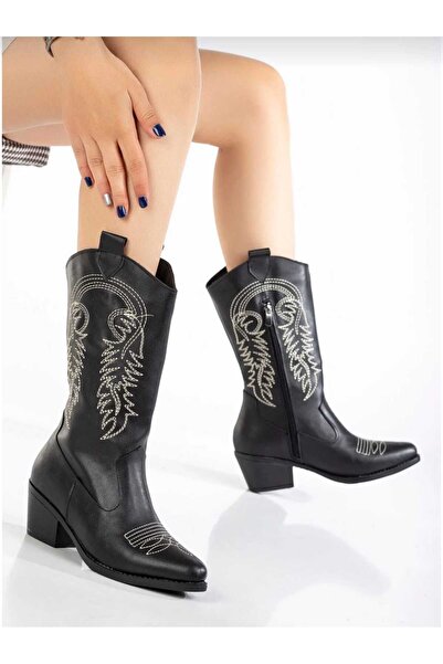 Ymn ayakkabı Kadın Siyah Kovboy Çizme Bej Nakışlı