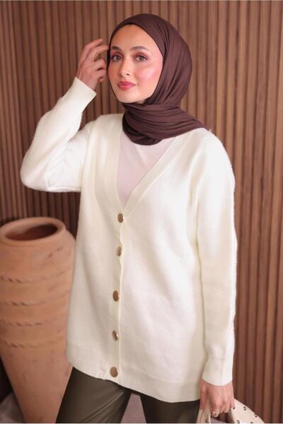 TRENDTESETTÜR Women's Ecru Beard Yarn Cardigan t 2907