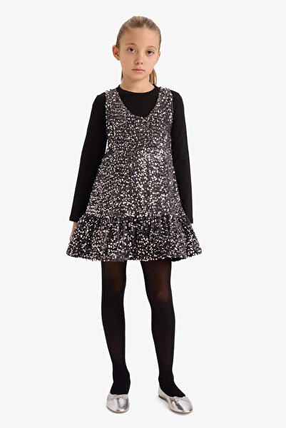 DeFacto Girls' 2-Piece Set Long Sleeve T-Shirt Sequined Sleeveless Dress G5388A825Wn